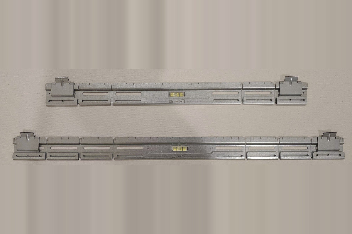 Two SecurArt 22-inch adjustable wall mounts on a grey background, one collapsed and one extended